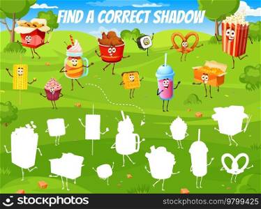 Find a correct shadow of cartoon fast food and desserts characters kids game puzzle vector worksheet. Match and connect quiz game of fastfood personages, chicken legs, nuggets, soda drink and popcorn. Find correct shadow of cartoon fast food, desserts