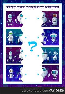 Find a piece of robot kids riddle game. Match the correct halves vector test with cartoon cyborgs, androids or ai bots. Riddle for children logic activity, educational task, mind development worksheet. Find piece of robot kids riddle game. Match halves