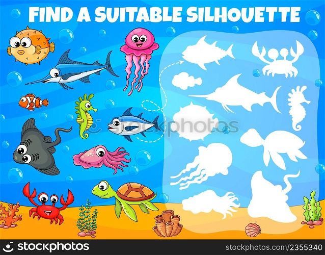 Find a suitable silhouette of cartoon funny underwater animals and fish kids game worksheet. Vector quiz puzzle of ocean and sea animals education. Matching game with crab, sea turtle and clownfish. Find suitable underwater animals, fish silhouettes