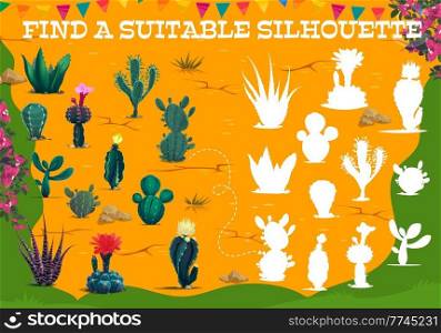 Find a suitable silhouette of Mexican cactus plants in desert, kids riddle game vector worksheet. Find correct similar shadow puzzle with cartoon Mexican cacti and desert sand. Find suitable silhouette of Mexican cactus plants