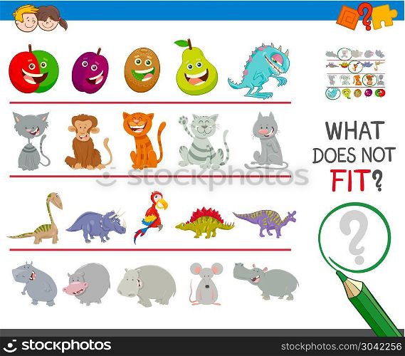 find animal that not fit in the row. Cartoon Illustration of Finding Picture that does not Fit in a Row Activity Game for Children