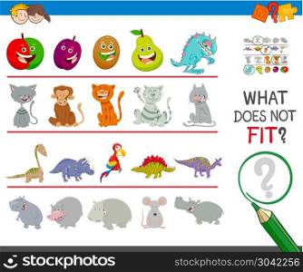 find animal that not fit in the row. Cartoon Illustration of Finding Picture that does not Fit in a Row Activity Game for Children