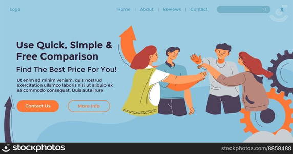 Find best price for you, use quick, simple and free comparison of costs for team buildings. Business projects and organizations. Website landing page template, internet site. Vector in flat style. Use quick, simple and free comparison website