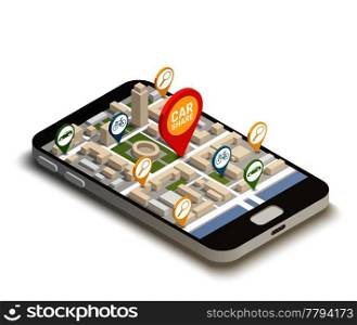 Find car online abstract composition with  mobile smartphone web application used for carsharing carpooling ridesharing isometric vector illustration. Find Car Online Abstract Composition 