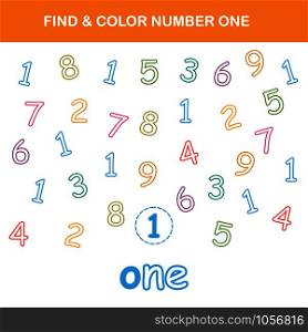 Find & color number 1 worksheet. Easy worksheet, for children in preschool, elementary and middle school.