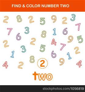 Find & color number 2 worksheet. Easy worksheet, for children in preschool, elementary and middle school.