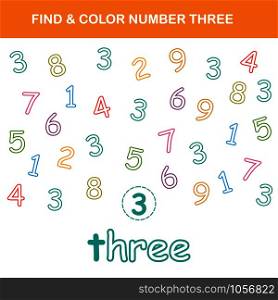 Find & color number 3 worksheet. Easy worksheet, for children in preschool, elementary and middle school.
