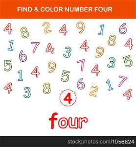 Find & color number 4 worksheet. Easy worksheet, for children in preschool, elementary and middle school.