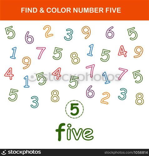 Find & color number 5 worksheet. Easy worksheet, for children in preschool, elementary and middle school.