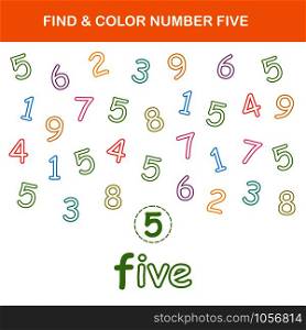 Find & color number 5 worksheet. Easy worksheet, for children in preschool, elementary and middle school.