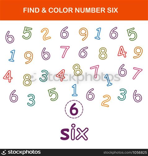 Find & color number 6 worksheet. Easy worksheet, for children in preschool, elementary and middle school.