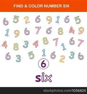 Find & color number 6 worksheet. Easy worksheet, for children in preschool, elementary and middle school.