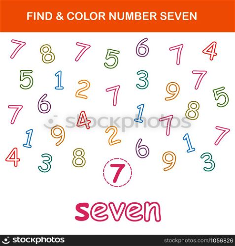 Find & color number 7 worksheet. Easy worksheet, for children in preschool, elementary and middle school.