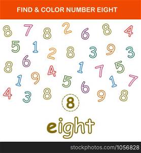 Find & color number 8 worksheet. Easy worksheet, for children in preschool, elementary and middle school.