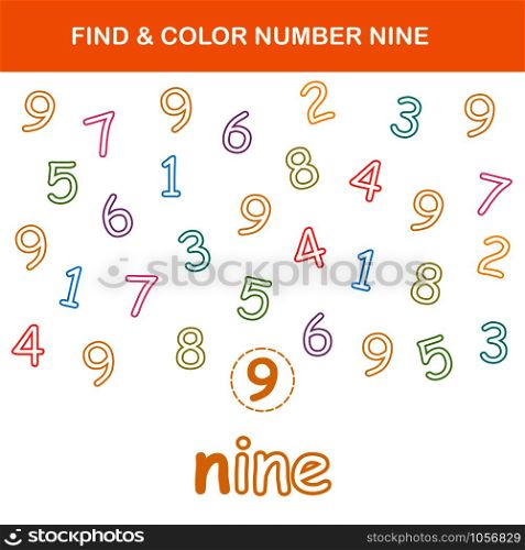 Find & color number 9 worksheet. Easy worksheet, for children in preschool, elementary and middle school.