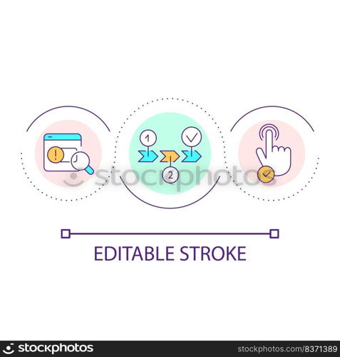 Find complex issues loop concept icon. Search mistakes. Problems solving. Product testing abstract idea thin line illustration. Isolated outline drawing. Editable stroke. Arial font used
. Find complex issues loop concept icon