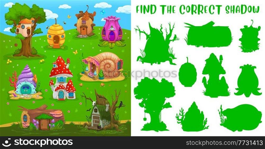 Find correct shadow, fairy house, kids game riddle or tabletop puzzle, vector. Shadow match board game with silhouettes of cartoon homes of dwarf or gnome in acorn, flower, seashell and mushroom. Find correct shadow, fairy house, kids game riddle