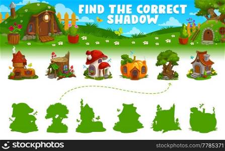 Find correct shadow of cartoon fairy house, game worksheet, vector puzzle. Shadow match kids riddle game to find similar gnome house or dwelling home of boot, mushroom and pumpkin or stump. Find correct shadow of cartoon fairy house, game