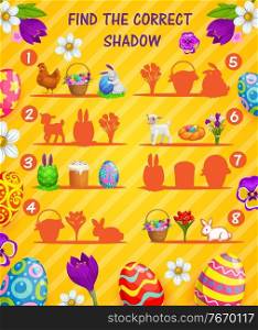Find correct shadow vector kids game or puzzle with cartoon Easter eggs. Memory game of children education worksheet template with Easter egg hunt bunnies, spring flowers, chicks and sweet bread. Find correct shadow kids game with Easter eggs