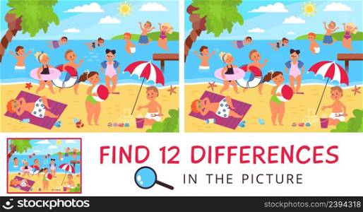 Find difference. 12 differences in picture with happy kids on beach. Paper game location for attention training, summer children puzzle, vector scene. Illustration of education puzzle riddle game. Find difference. 12 differences in picture with happy kids on beach. Paper game location for attention training, summer children puzzle, decent vector scene