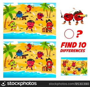 Find differences between berry pirates and corsairs characters. Vector riddle game for kids with cartoon blueberry, gooseberry, rose hip and raspberry with barberry characters on treasure island. Find differences between berry pirate characters