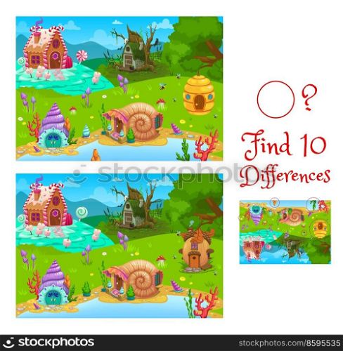Find differences between fairytale houses kids game worksheet. Children quiz, logical game with matching task. Child find differences riddle, playing activities book vector with fantasy homes. Find differences between fairy houses kids game