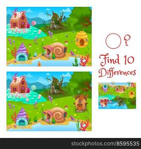 Find differences between fairytale houses kids game worksheet. Children quiz, logical game with matching task. Child find differences riddle, playing activities book vector with fantasy homes. Find differences between fairy houses kids game