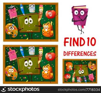 Find differences between school education characters. Kids game worksheet, vector boardgame with funny cartoon personages pencil, blackboard, palette and schoolbag with apple, calculator and pen. Find differences between funny school characters