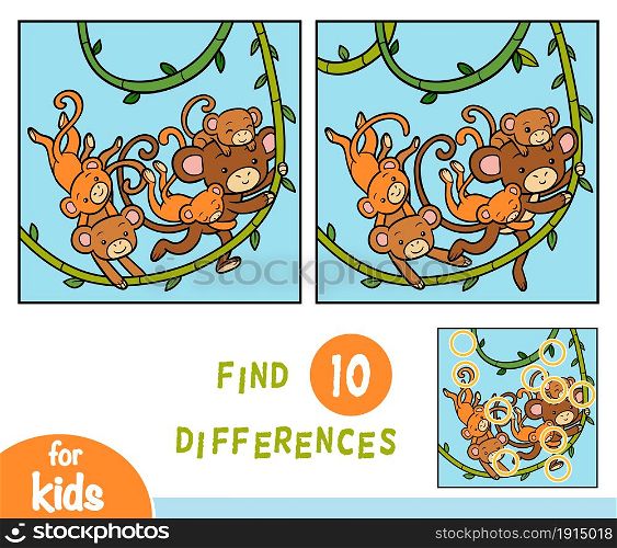 Find differences, education game for children, Five monkeys