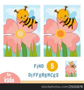 Find differences, education game for children, Flower meadow. The bee on the flower.