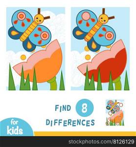 Find differences, education game for children. Flower meadow. The butterfly and flower.
