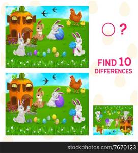 Find differences kids game with vector Easter egg hunt. Children education puzzle or spot 10 differences worksheet template with cartoon Easter bunnies, painted eggs, spring green grass and flowers. Find differences kids game with Easter egg hunt