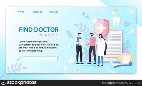Find Doctor Online Service Vector Illustration. Female Professional Physician Man Patient Medical Healthcare Hospital Search Mobile Phone Application Emergency Help Ilness Treatment. Find Doctor Online Service Vector Illustration