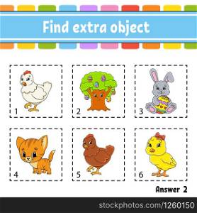 Find extra object. Educational activity worksheet for kids and toddlers. Game for children. Happy characters. Simple flat color isolated vector illustration in cute cartoon style.