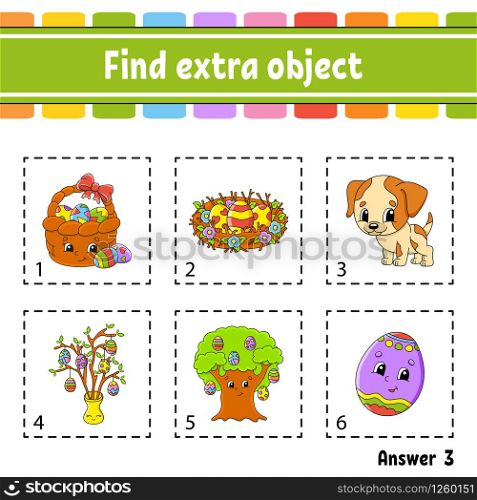 Find extra object. Educational activity worksheet for kids and toddlers. Game for children. Happy characters. Simple flat color isolated vector illustration in cute cartoon style.