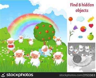 Find hidden objects. Kids puzzle game with sheep on meadow. Fun brain teaser looking different items on green garden landscape. Happy cute sheeps cartoon vector picture. Illustration children puzzle. Find hidden objects. Kids puzzle game with sheep on meadow. Fun brain teaser looking different items on green garden landscape. Happy cute sheeps cartoon vector picture