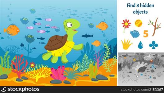 Find hidden objects. Puzzle game kids with fish. Underwater fun brain teaser looking different. Swimming sea cartoon turtle vector picture. Illustration riddle with turtle animal, funny educational. Find hidden objects. Puzzle game kids with fish. Underwater fun brain teaser looking different items. Swimming sea cartoon turtle vector picture