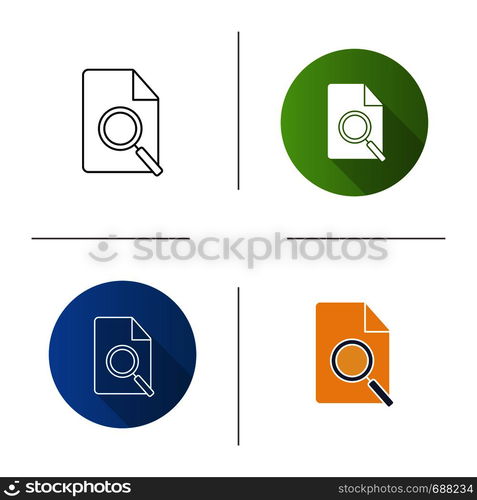 Find in page icon. Data searching. File with magnifying glass. Find document. Flat design, linear and color styles. Isolated vector illustrations. Find in page icon