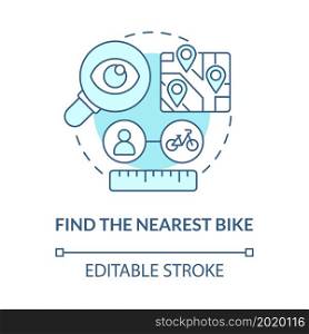 Find nearest bike blue concept icon. Bike sharing usage abstract idea thin line illustration. Getting directions to docking station. Vector isolated outline color drawing. Editable stroke. Find nearest bike blue concept icon