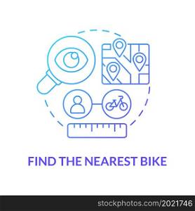 Find nearest bike blue gradient concept icon. Bike sharing usage abstract idea thin line illustration. Cycling tracker. Getting directions to docking station. Vector isolated outline color drawing. Find nearest bike blue gradient concept icon