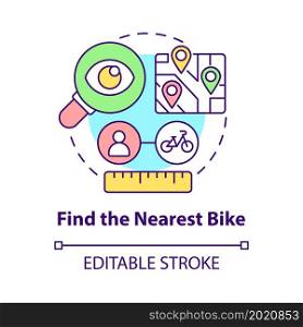Find nearest bike concept icon. Bike sharing usage abstract idea thin line illustration. Detecting closest location with e-bicycles. Vector isolated outline color drawing. Editable stroke. Find nearest bike concept icon