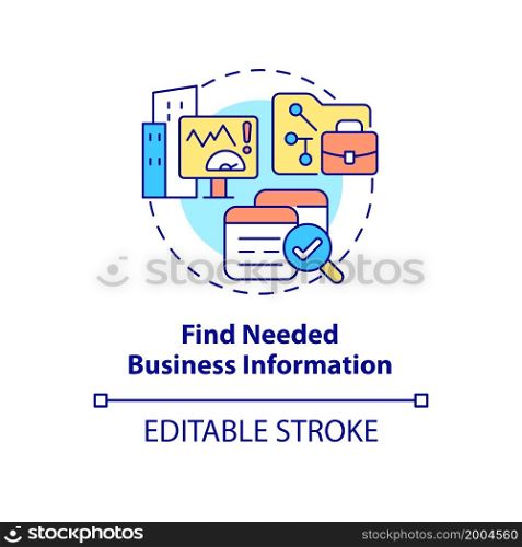 Find needed business information concept icon. Search for work data on computer. Employee monitoring abstract idea thin line illustration. Vector isolated outline color drawing. Editable stroke. Find needed business information concept icon