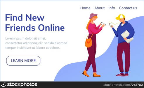 Find new friends online landing page vector template. Social media blogging, website interface idea with flat illustrations. Internet surfing homepage layout. Web banner, webpage cartoon concept