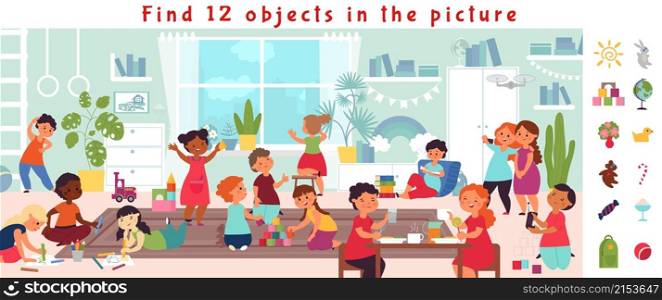 Find objects game. Puzzle play, visual kids brain teaser. Education, children playing together in school or kindergarten decent vector image. Illustration visual game riddle design page for kids. Find objects game. Puzzle play, visual kids brain teaser. Education, children playing together in school or kindergarten decent vector image