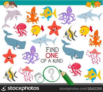 find one animal of a kind game for children. Cartoon Illustration of Find One of a Kind Educational Activity Game for Kids with Sea Life Animal Characters