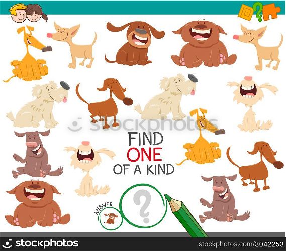 find one dog of a kind game for children. Cartoon Illustration of Find One of a Kind Educational Activity Game for Kids with Dogs or Puppies Characters