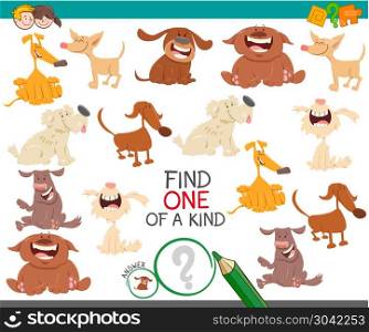 find one dog of a kind game for children. Cartoon Illustration of Find One of a Kind Educational Activity Game for Kids with Dogs or Puppies Characters