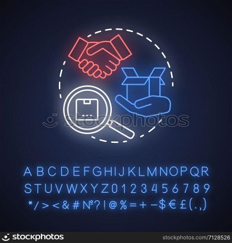 Find product neon light concept icon. Dropshipping service idea. Searching goods. Online shopping. Delivering package. Glowing sign with alphabet, numbers and symbols. Vector isolated illustration