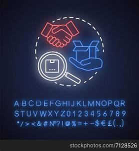 Find product neon light concept icon. Dropshipping service idea. Searching goods. Online shopping. Delivering package. Glowing sign with alphabet, numbers and symbols. Vector isolated illustration