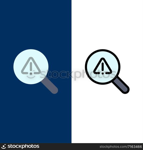 Find, Search, View, Error Icons. Flat and Line Filled Icon Set Vector Blue Background